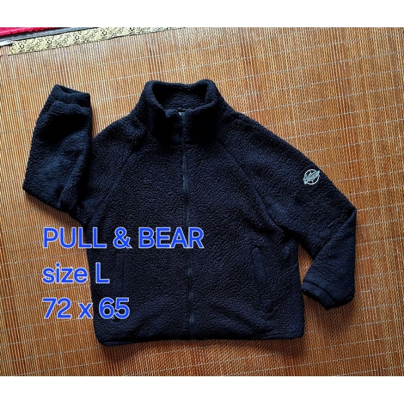 Jaket PULL & BEAR Stwd Zipper Sherpa Luar Hitam Faux Fleece Boa Oversize Boxy Crops