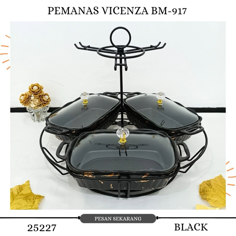 Vicenza BM917 Prasmanan Kermaik Zola Set 3 Tutup Kaca Degan Rak Gantung Motif Marmer Putih / Hitam /