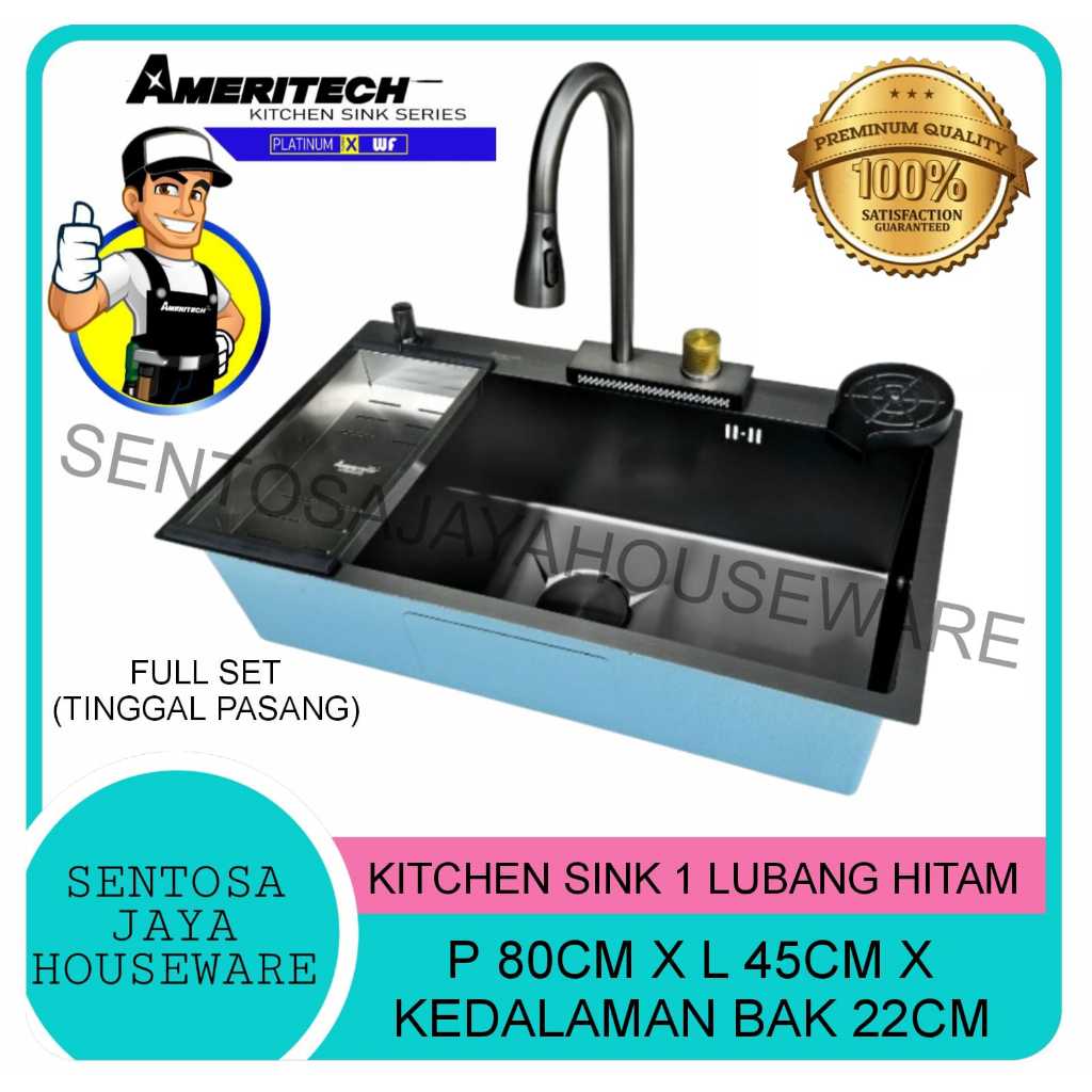 SINK CUCI PIRING 1 LUBANG BESAR HITAM STAINLESS  / WASTAFEL CUCI PIRING 1 LUBANG HITAM AMERITECH