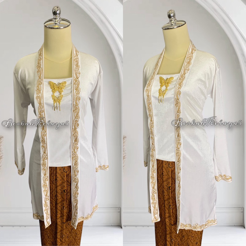 Setelan Kebaya Tunik Bordir Gold + Jarik Wiru Plisket Motif Sidomukti