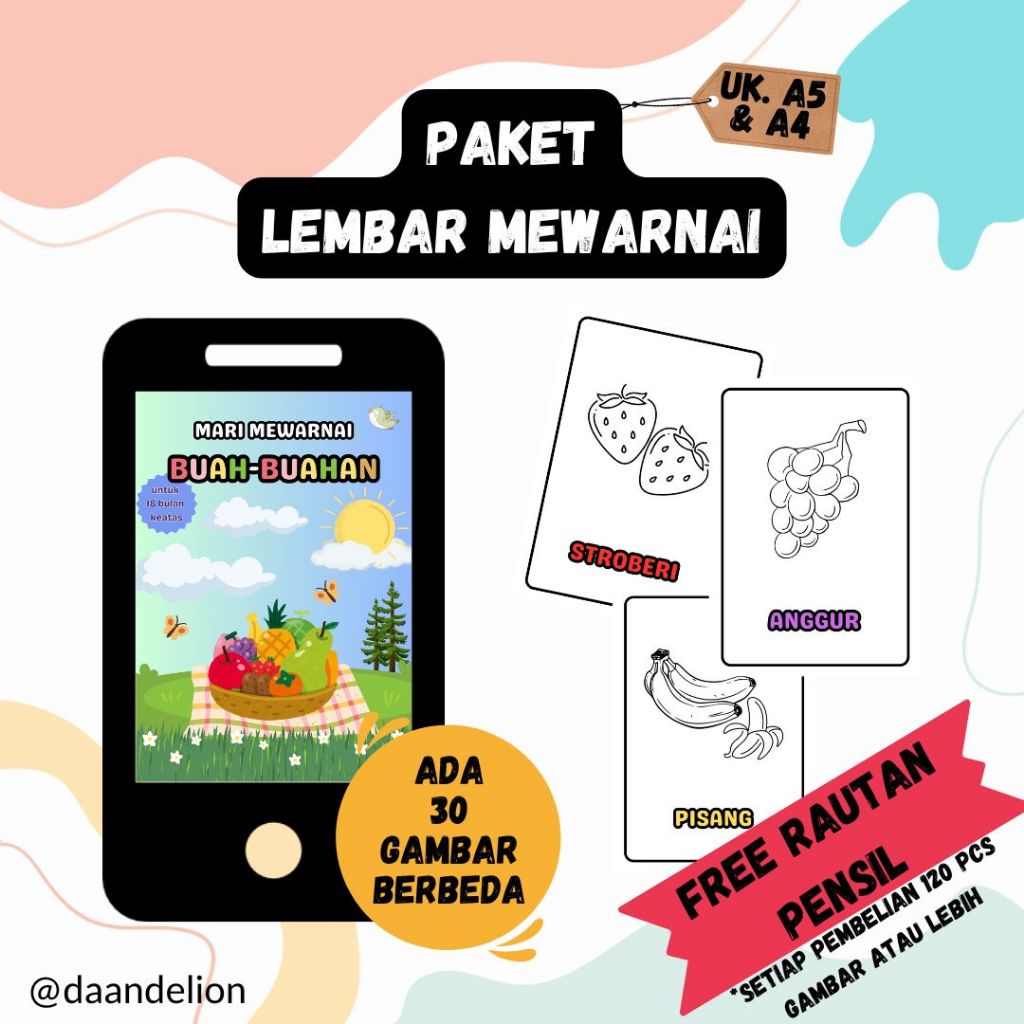 

(Paket 30 Gambar Berbeda) Gambar Mewarnai || Gambar Sketsa Bukan Buku || Paket Lembar Mewarnai Tema Buah-Buahan untuk Balita, PAUD, TK, SD || Gambar untuk Mewarnai dengan Kertas HVS 70gsm || Mari Mewarnai
