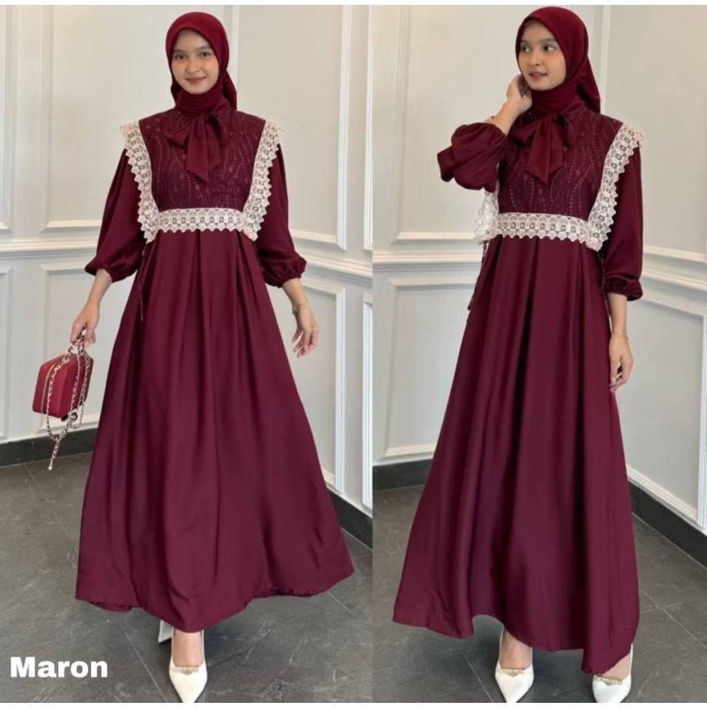 Dress Muslimah LOLI Wanita Model Rompi Brokat dengan Leher Pita | Lengan Karet | Dress Lebaran 2025