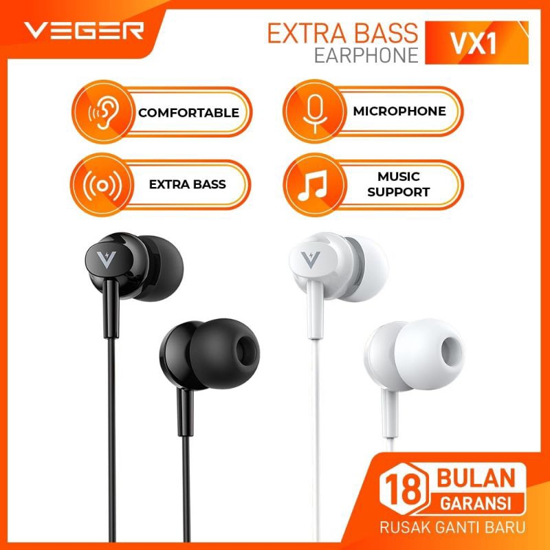 Headset VEGER VX-1 / headset handsfree earphone VEGER VX-1 extra bass with MIC ORIGINAL GARANSI
