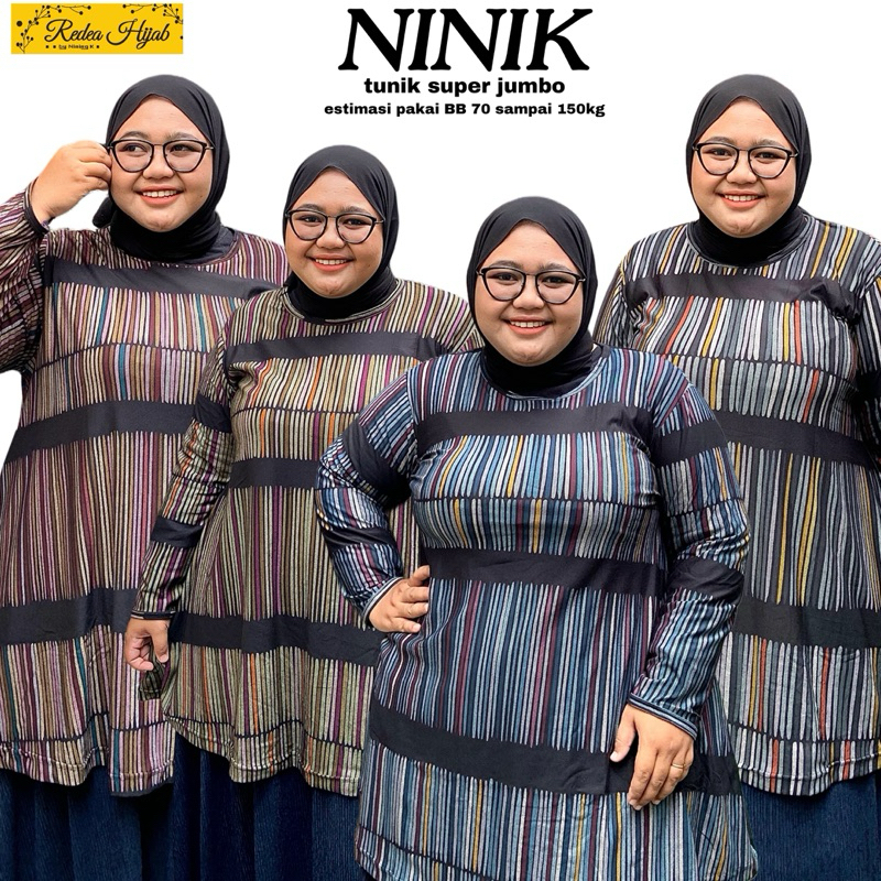 Atasan Wanita Muslimah Ninik Jumbo Tunik Bahan Calvin Jeans Motif Garis No Busui LD120 LD140