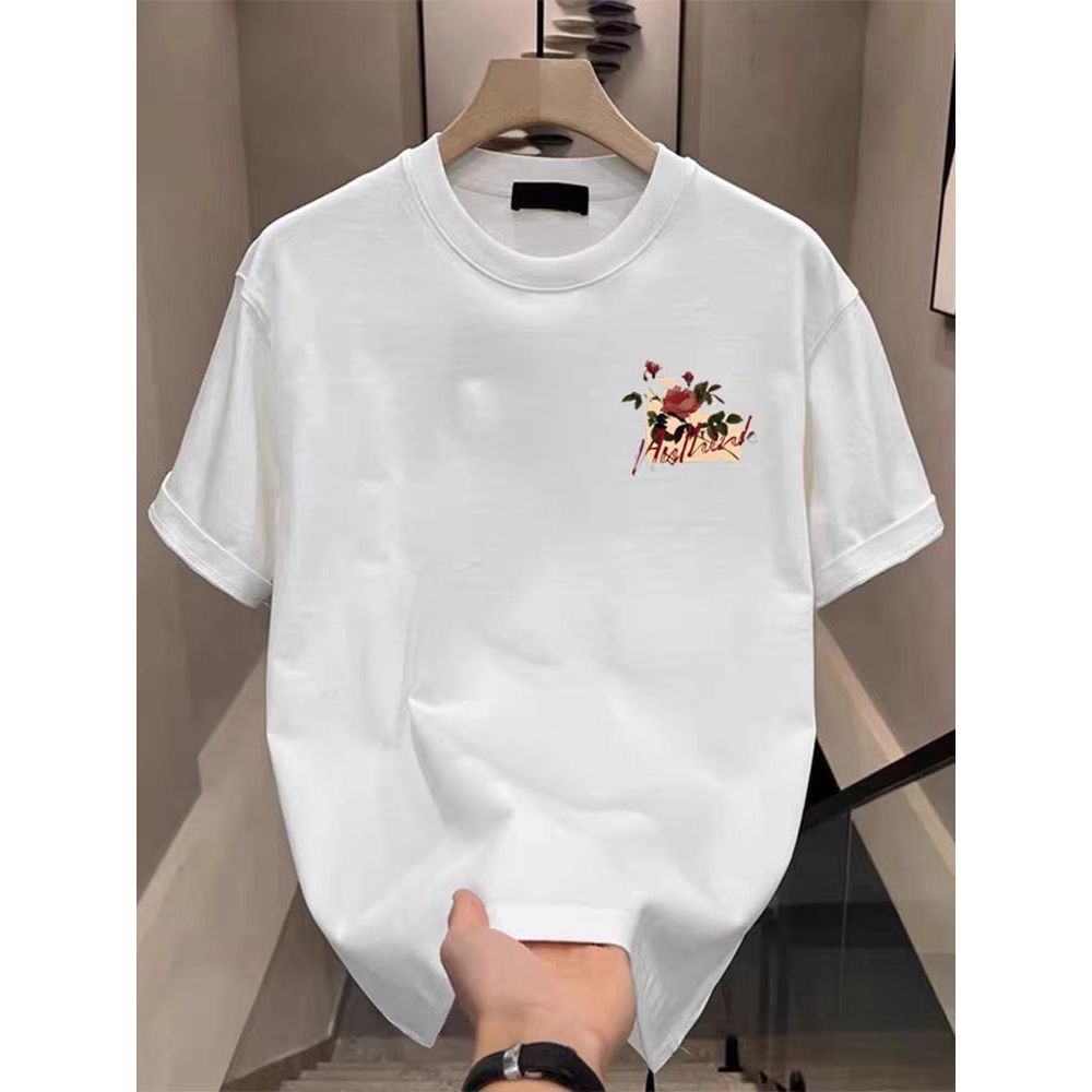 【YZEE MC Original】Kaos Putih/Hitam - Desain Bunga Mawar & Daun di Dada + Tulisan Aesthetic (Bahan Ka