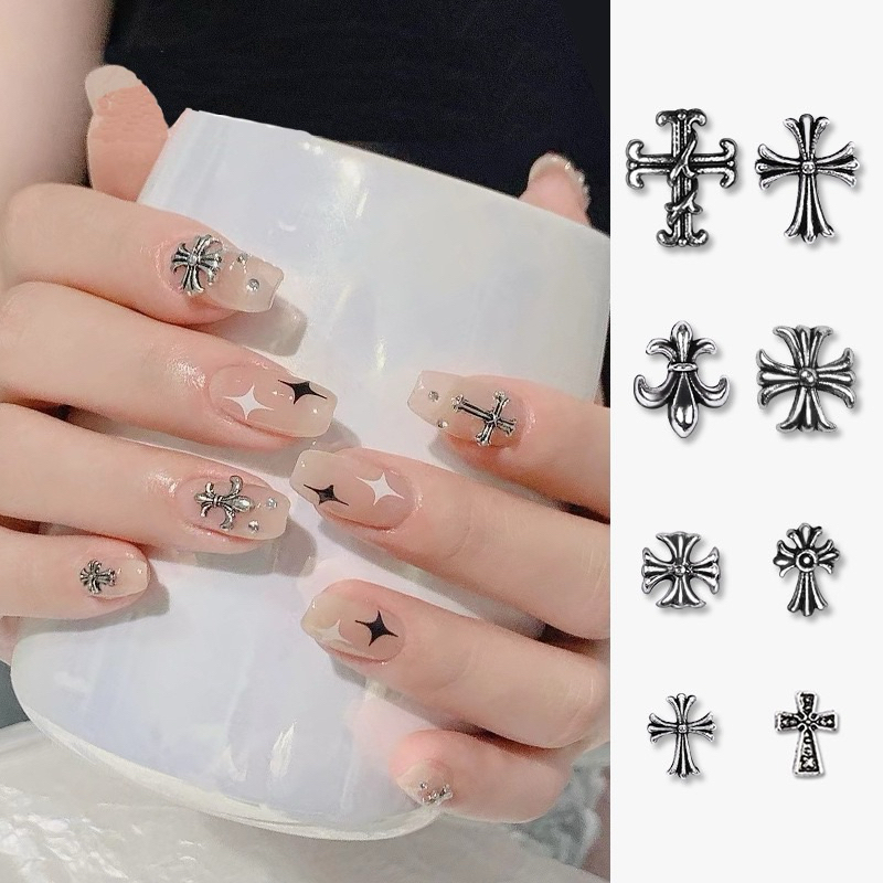 5 PCS - Y2K Chrome Cross Salib Punk Vintage Nail Charms / Dekorasi Kuku / Nail Accessories / Aksesor