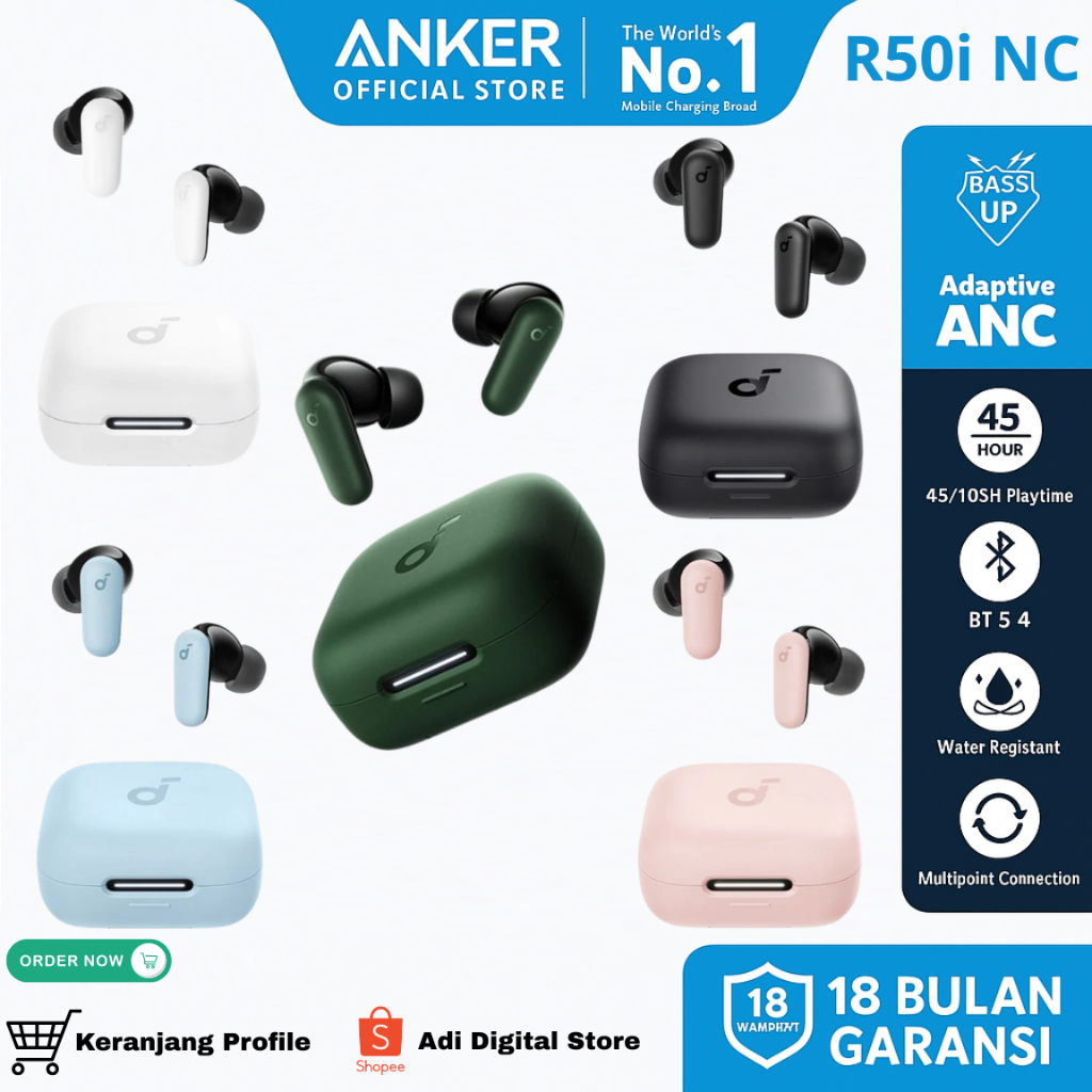 (NEW LAUNCH) Soundcore Anker R50i NC Earbuds Adaptive Noise Canceling Headset Earphone Blue 5.4 TWS