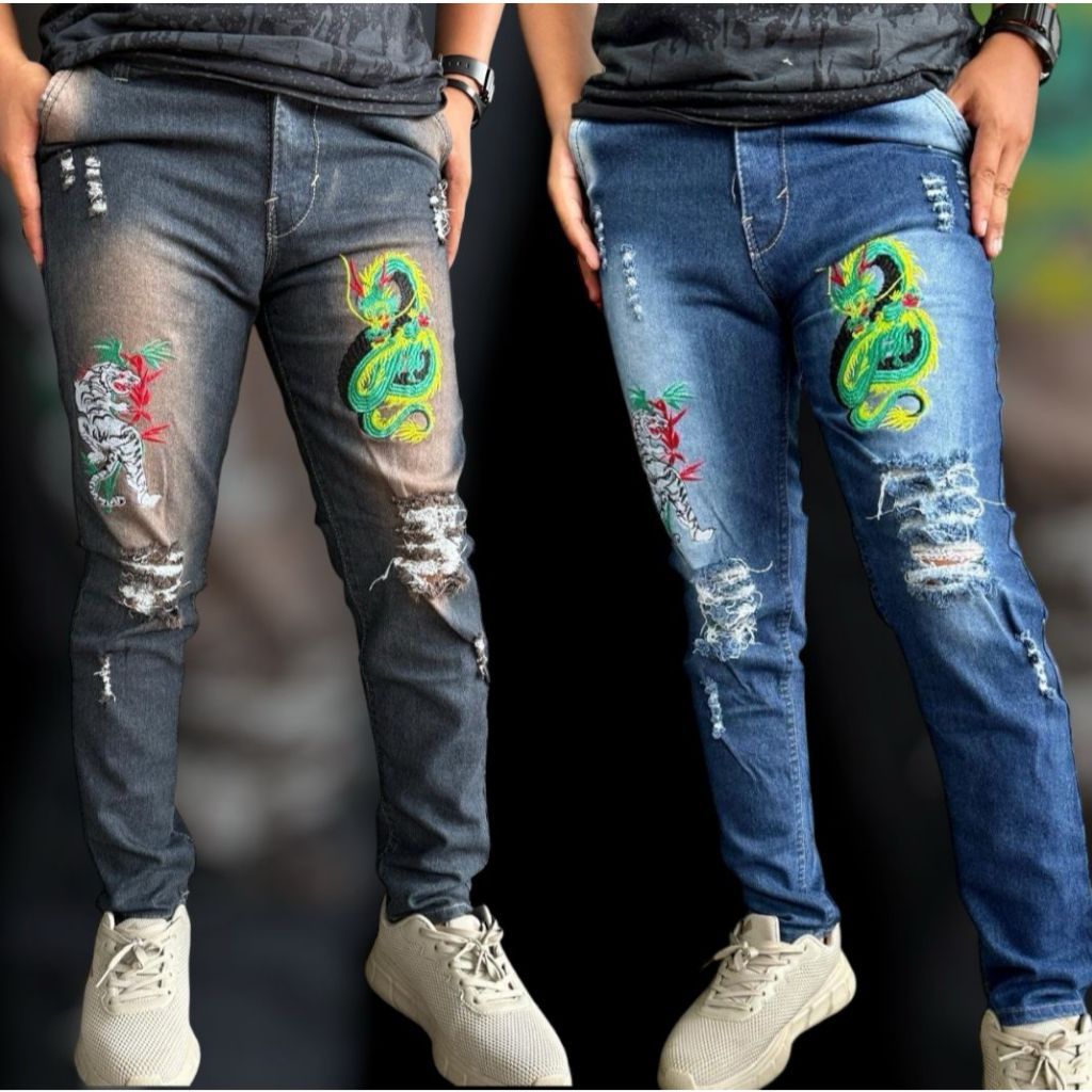 Celana Jeans Pria Sobek Emblem Ripped Skinny Melar Motif Bordir Naga Macan / Celana Jeans Pria