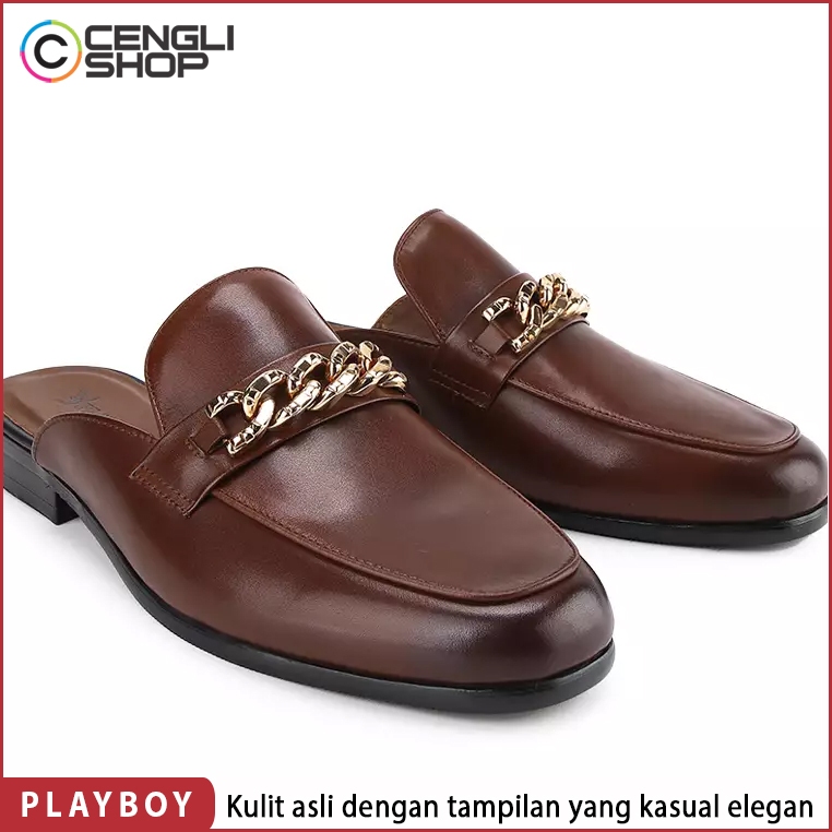SEPATU SANDAL PLAYBOY PRIA ORIGINAL KULIT ASLI ORI SENDAL SLIP ON SLOP SELOP COKLAT BROWN PL03