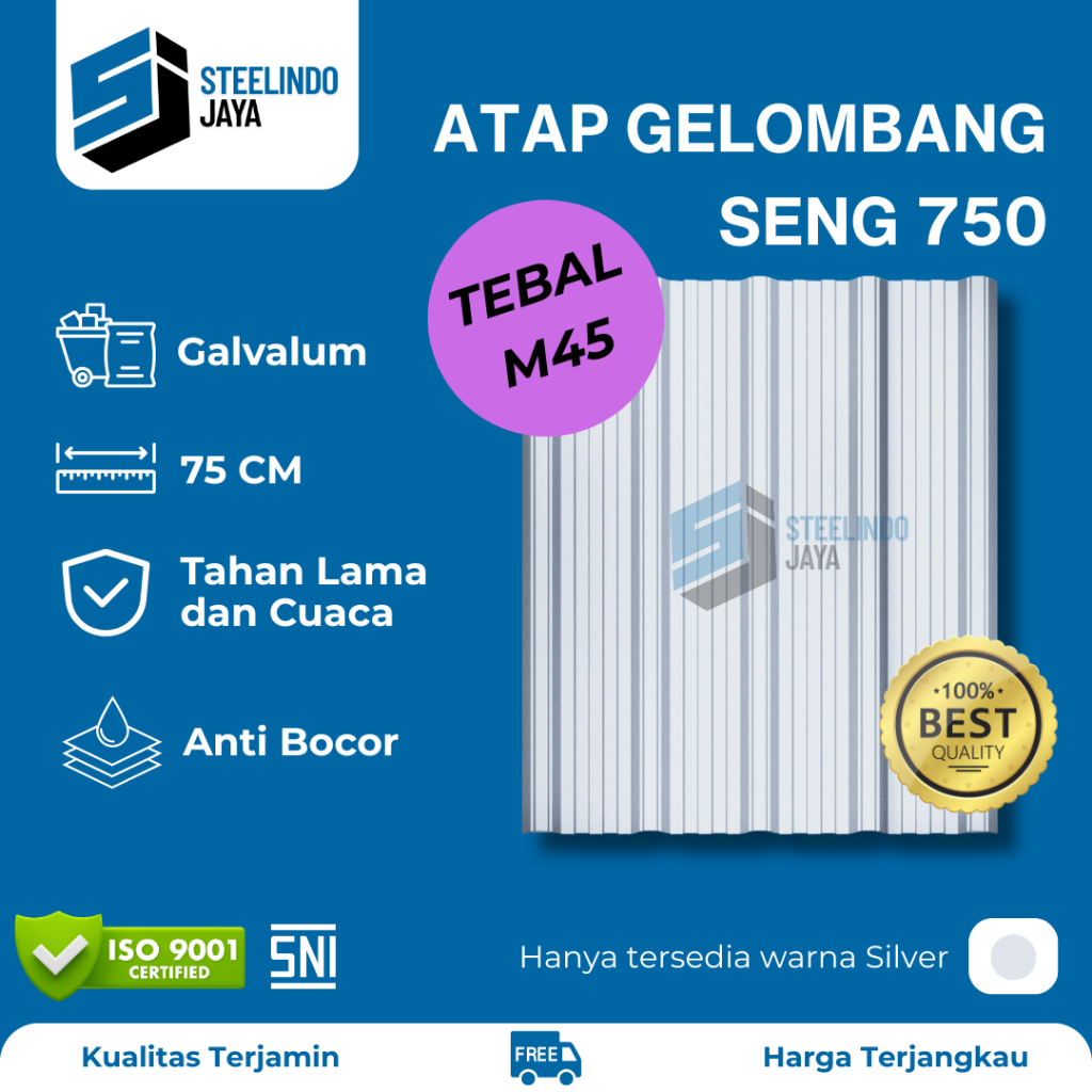 Atap Seng Gelombang Galvalum Silver Lebar 750mm Tebal 0,45mm (M045) Panjang 1 - 6 Meter