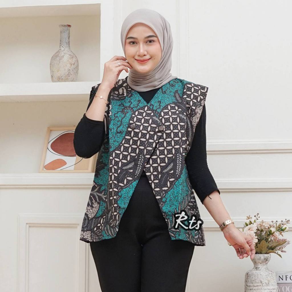Vest Batik Wanita Rompi Batik V-Neck Atasan Wanita Outer Batik Kekinian