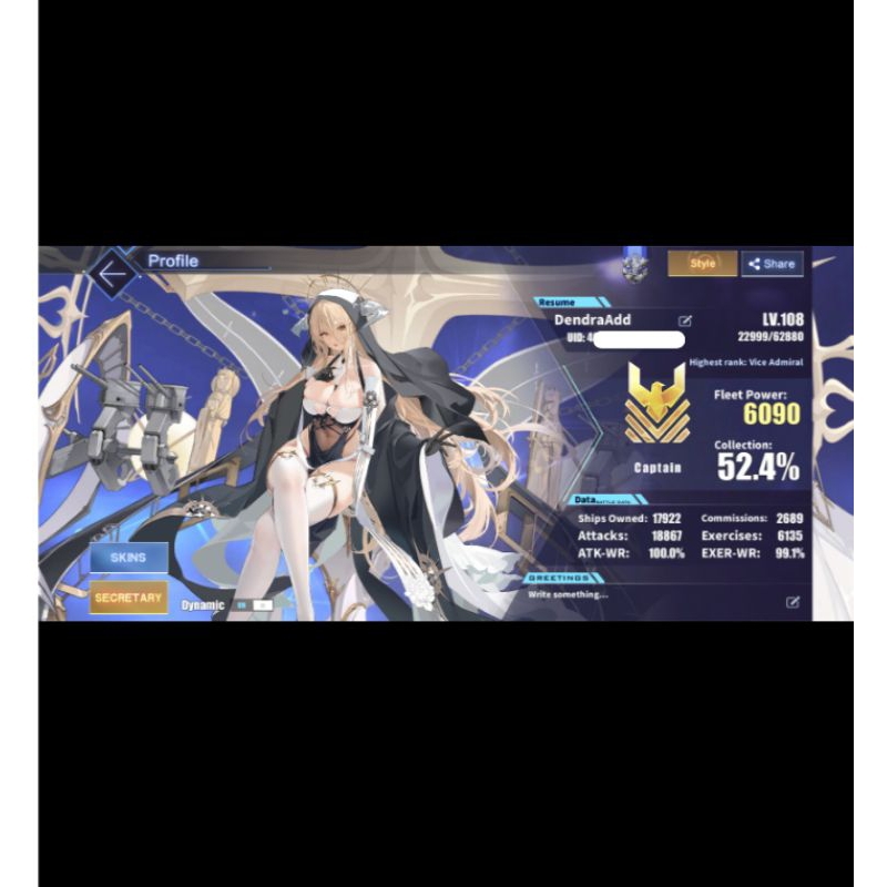 Azur Lane level 108 akun starter 100% ATK WR 99,1% Exercise WR 22 UR Unzen Skin (Masih Daily Login)