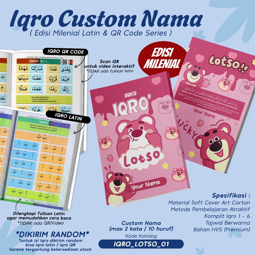 IQRO MILENIAL ANAK CUSTOM DESAIN LOTSO / BUKU IQRO MILENIAL TAJWID BERWARNA SOFTCOVER LENGKAP IQRO 1
