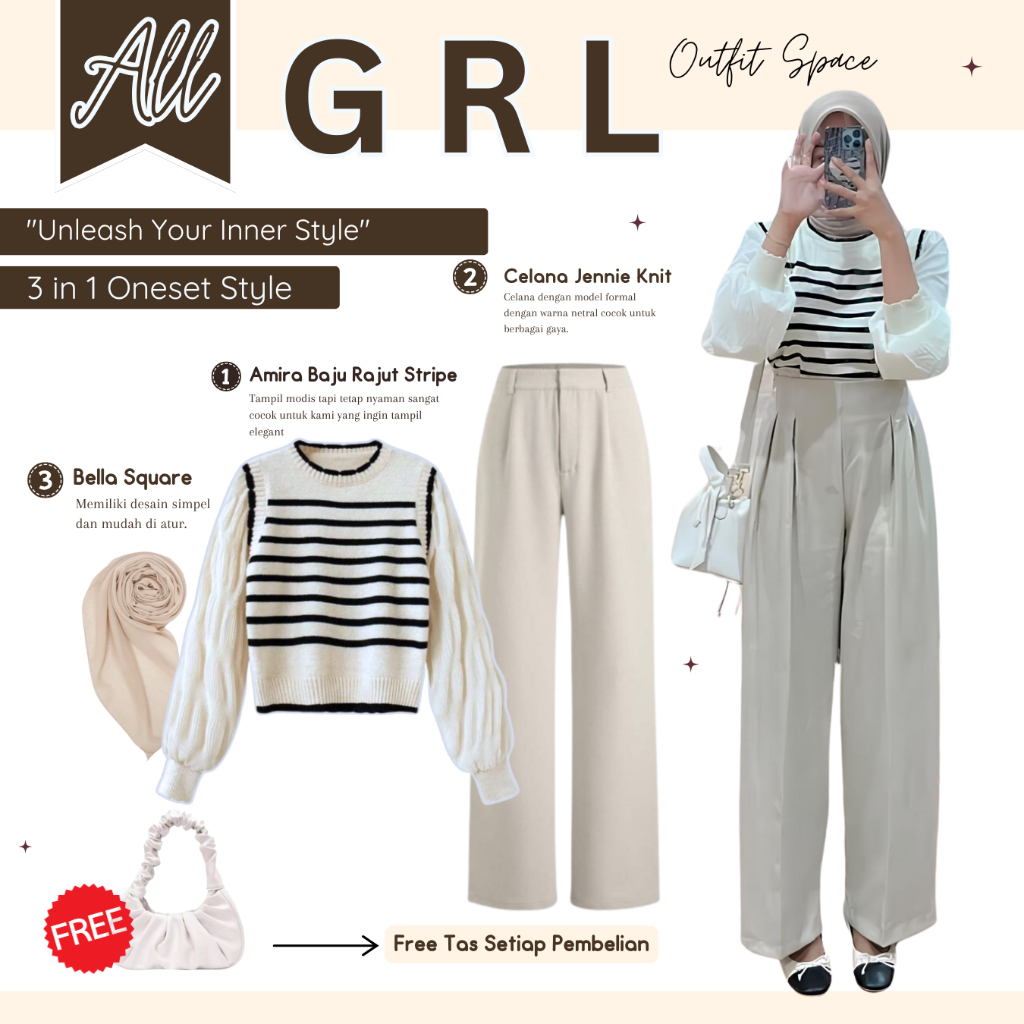 Outfit Hijab Style | Hijab, Blouse Rajut, Celana Knit | Setelan Korean Style OS22