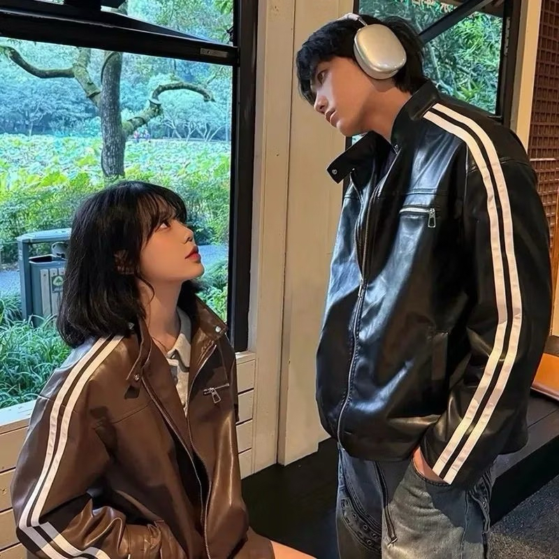 Jaket Kulit Motorcycle Pria Wanita Unisex Musim Gugur Amerika Style