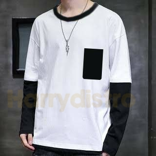 [PREMIUM] kaos kombinasi kaos korea kaos polos hitam putih kaos kupluk hoodie baju lengan panjang