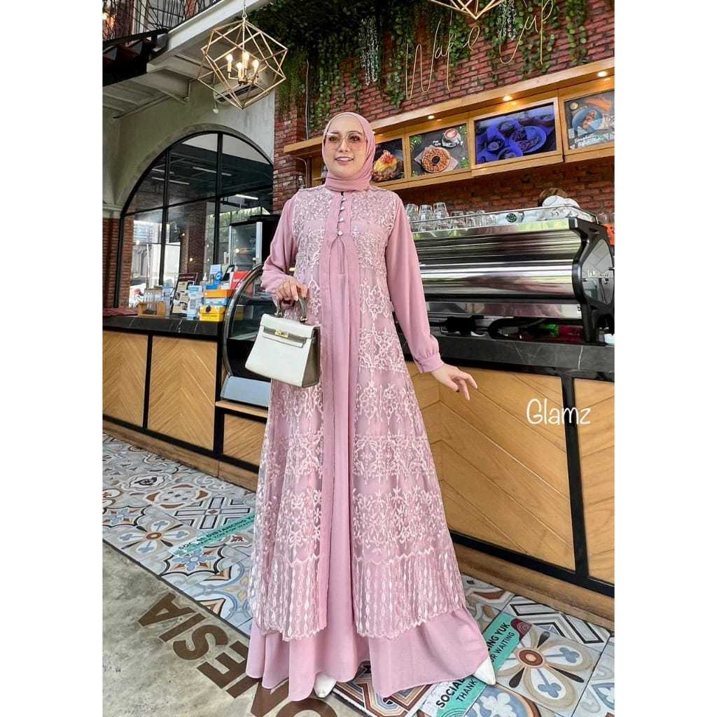 Gamis Ceruty Mix Brukat Premium / Dahayu Maxy Dress Pesta Green Sage Aplikasi Kancing Gamis Brokat