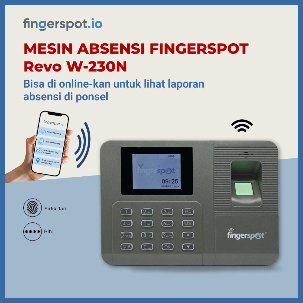 Paket Online Mesin Absensi Finger Print (Sidik Jari) Fingerspot Revo W-230N WIFI & Aplikasi Fingersp