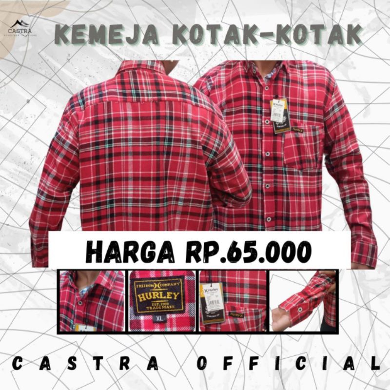 Kemeja Kotak-kotak / Kemeja Flanel Hurley Dongker Lengan Panjang Berkerah
