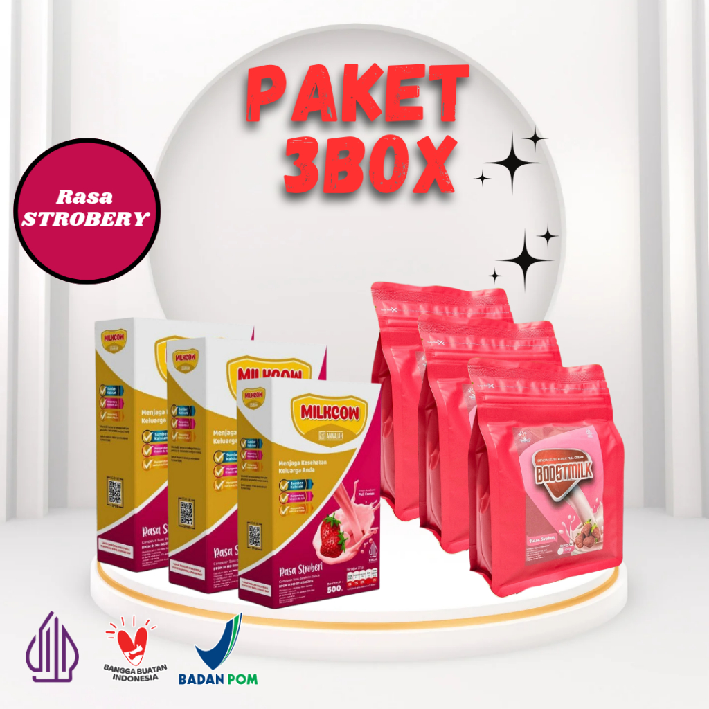 

PAKET HEMAT 1,2,3BOX SUSU SAPI BUBUK BOOSTMILK DAN MILKCOW RASA STROBERI KEMASAN 500GR PENGGEMUK DAN PENINGGI BADAN