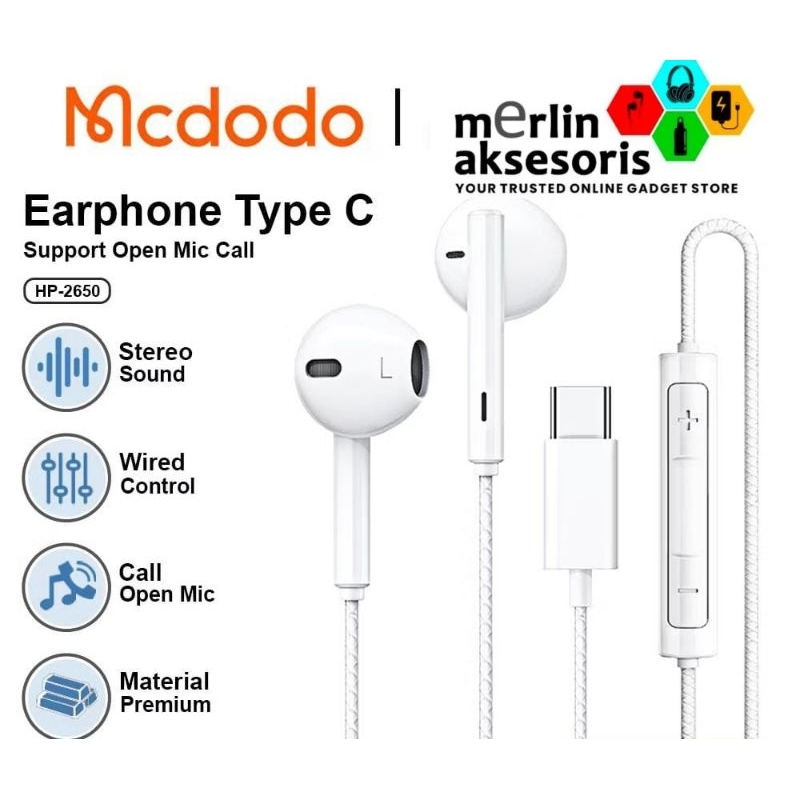 Mcdodo HP-2650 Earphone USB Type-C Hi-Res DAC dengan Mikrofon Hands-free - Putih