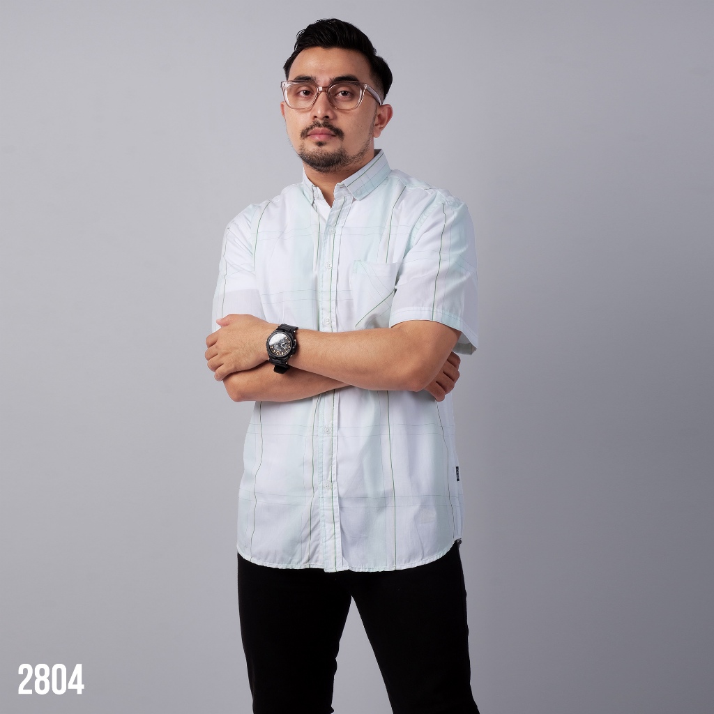 PAKAJI Kemeja Pria Lengan Pendek Kotak Yarndyed Putih Kotak-Kotak Kecil Putih Garis Hijau Kemeja Yar