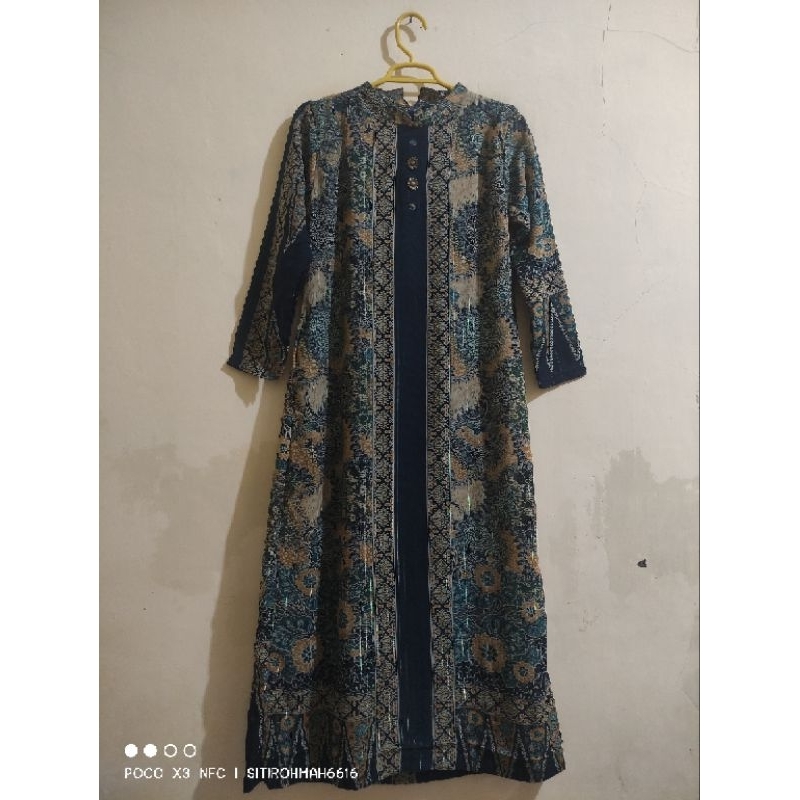 PL/preloved gamis batik ceruty benang emas warna hijau botol LD 102