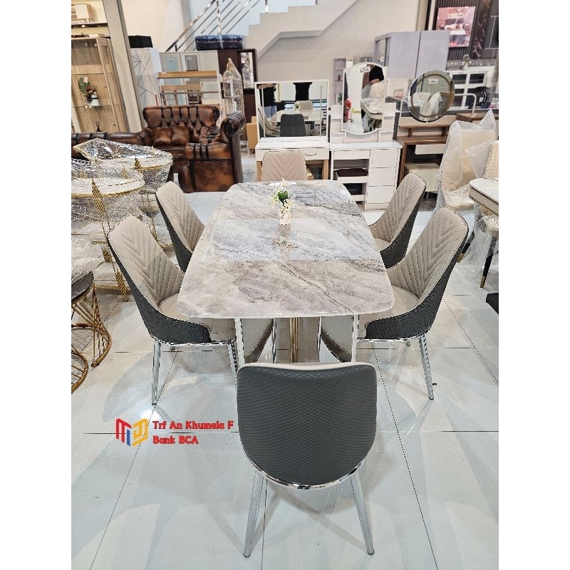 meja makan kursi 6  marmer menly/manzen