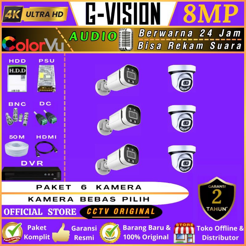 PAKET  CCTV  6  KAMERA  COLORVU  AUDIO  LENGKAP  -->  8MP  ULTRA  HD  (4K)