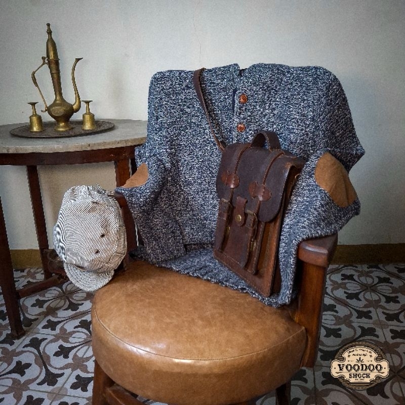 VOODOO - 323 - Vintage Basic Color Pattern Knit Half Button Cotton Sweater with Faux Suede Leather E