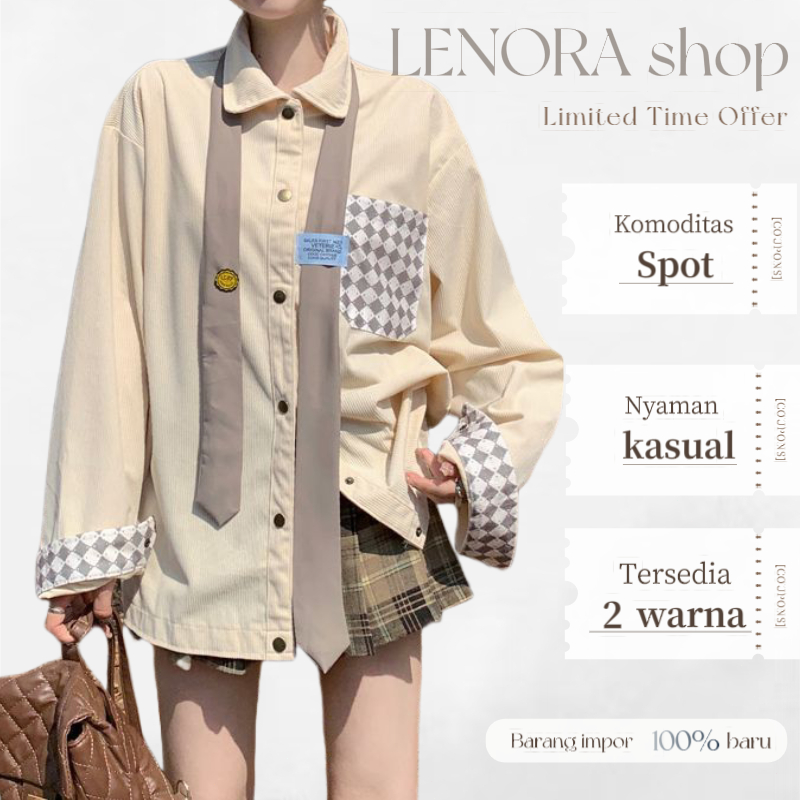 Kemeja Korduroi Wanita, Atasan Kemeja Dasi Lengan Panjang Longgar Gaya Korea Retro