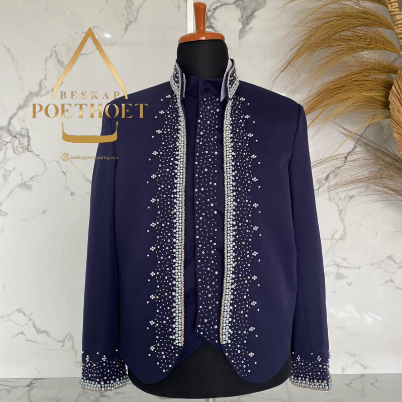 Beskap pengantin Jawa Solo hewes krowok biru Navy payet Silver bahan matte halus premium
