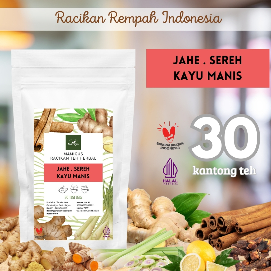 

TEH JAHE KAYU MANIS SEREH SERAI CELUP / Ginger Cinnamon Lemongrass Tea / Teh Rempah Rimpang / 30 Tea Bag Mamigus