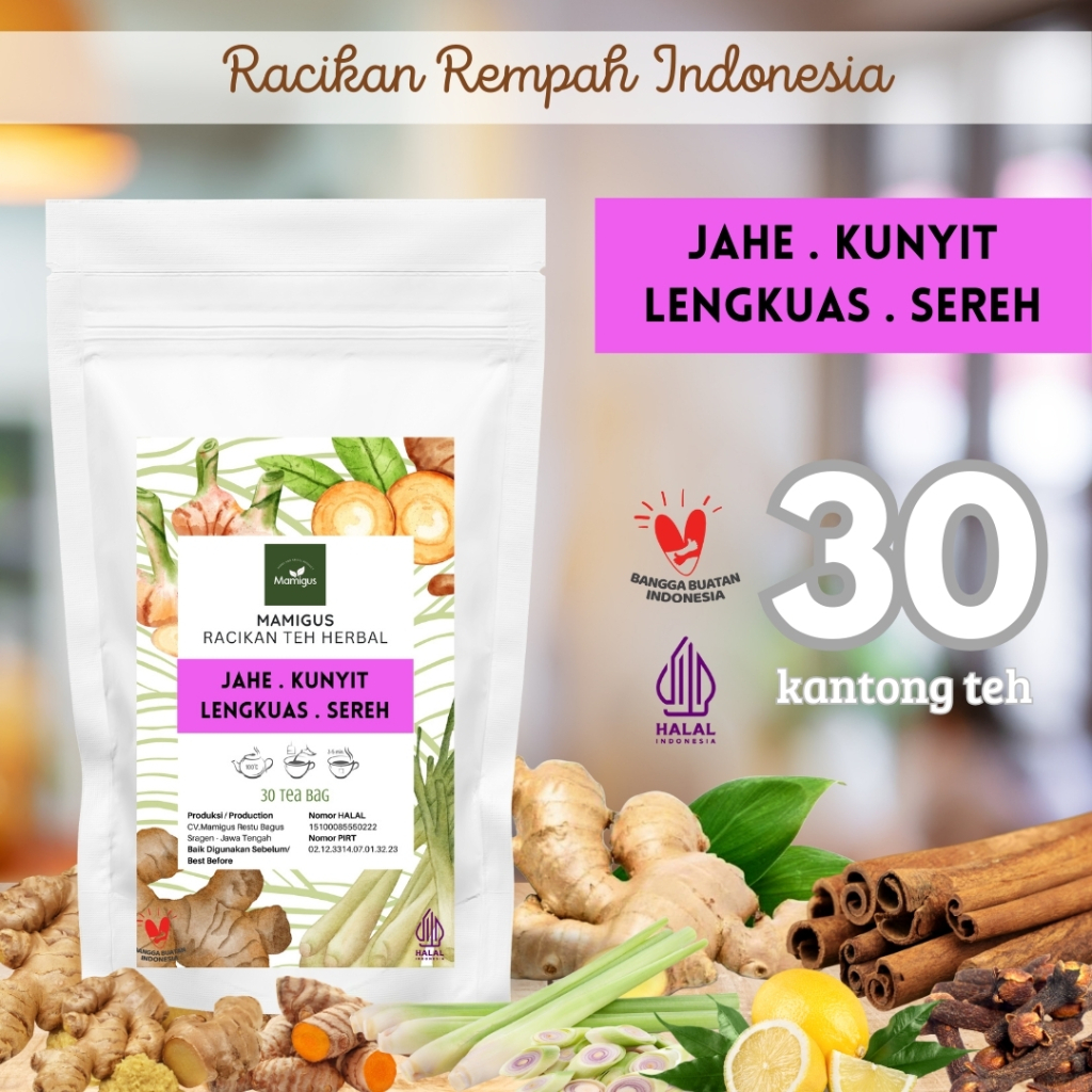 

TEH JAHE KUNYIT LENGKUAS SEREH SERAI CELUP / Ginger Turmeric Galangal Lemongrass Tea / Teh Rempah Rimpang / 30 Tea Bag Mamigus