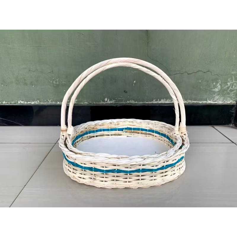 BELI 1 DAPET 2PCS Keranjang Rotan Parcel Anyaman Motif Bulat Oval Sttrip Baki Seserahan Lamaran Pern
