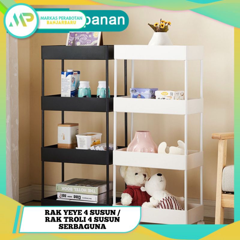 Rak Troli 4 Susun / Rak Yeye 4 Susun Plastik / Rak Serbaguna Merk TRI J Dengan Roda 4 Susun
