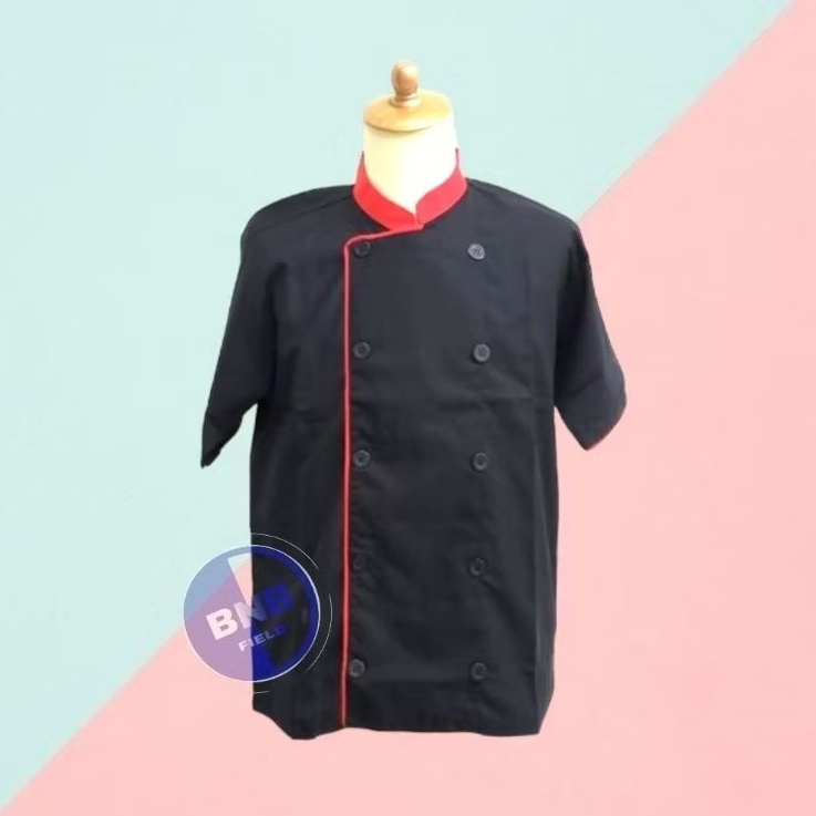 KEMEJA SERAGAM KOKI HITAM LIS MERAH BAHAN AMERICAN DRILL