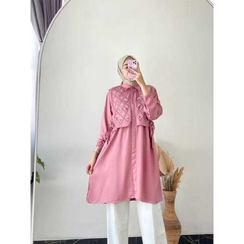 TUNIK SAVIA LINEN PREMIUM / TUNIK WANITA FULL KANCING / TUNIK ROMPI VARIASI BORDIR BUNGA / ATASAN WA