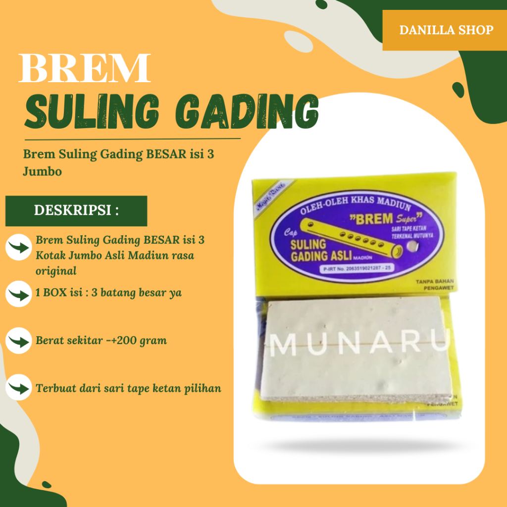 

Brem Suling Gading BESAR isi 3 Jumbo 200g Madiun Premium