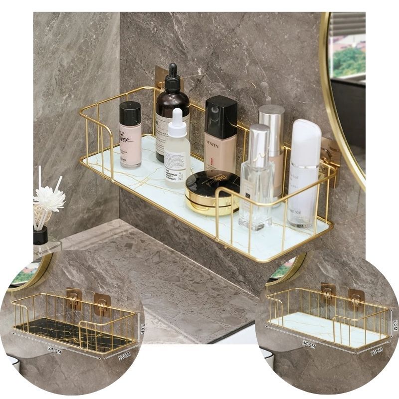 Rak Gantung Tempel Dinding Kamar Mandi Elegan Mewah Bahan Besi Warna Gold dan Alas Kaca EYO YUW01A