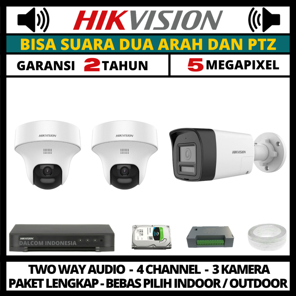 Paket cctv hikvision 5mp 4 channel 3 kamera ptz two way audio paket cctv lengkap