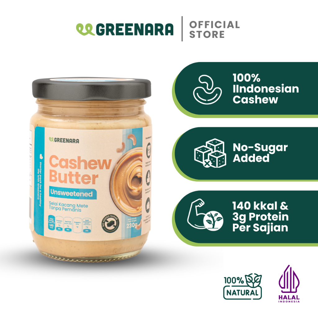 

Greenara Natural Unsweetened Cashew Butter 230gr Low Calorie (110 cal/serv)/ Selai Kacang Tanpa Gula