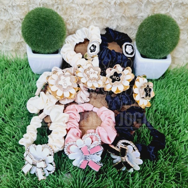Ikat Rambut Kain Set Isi 2pcs Kuncir Rambut Pita Logam Tali Rambut Anak Cewek Bunga Logam Set Isi 2p