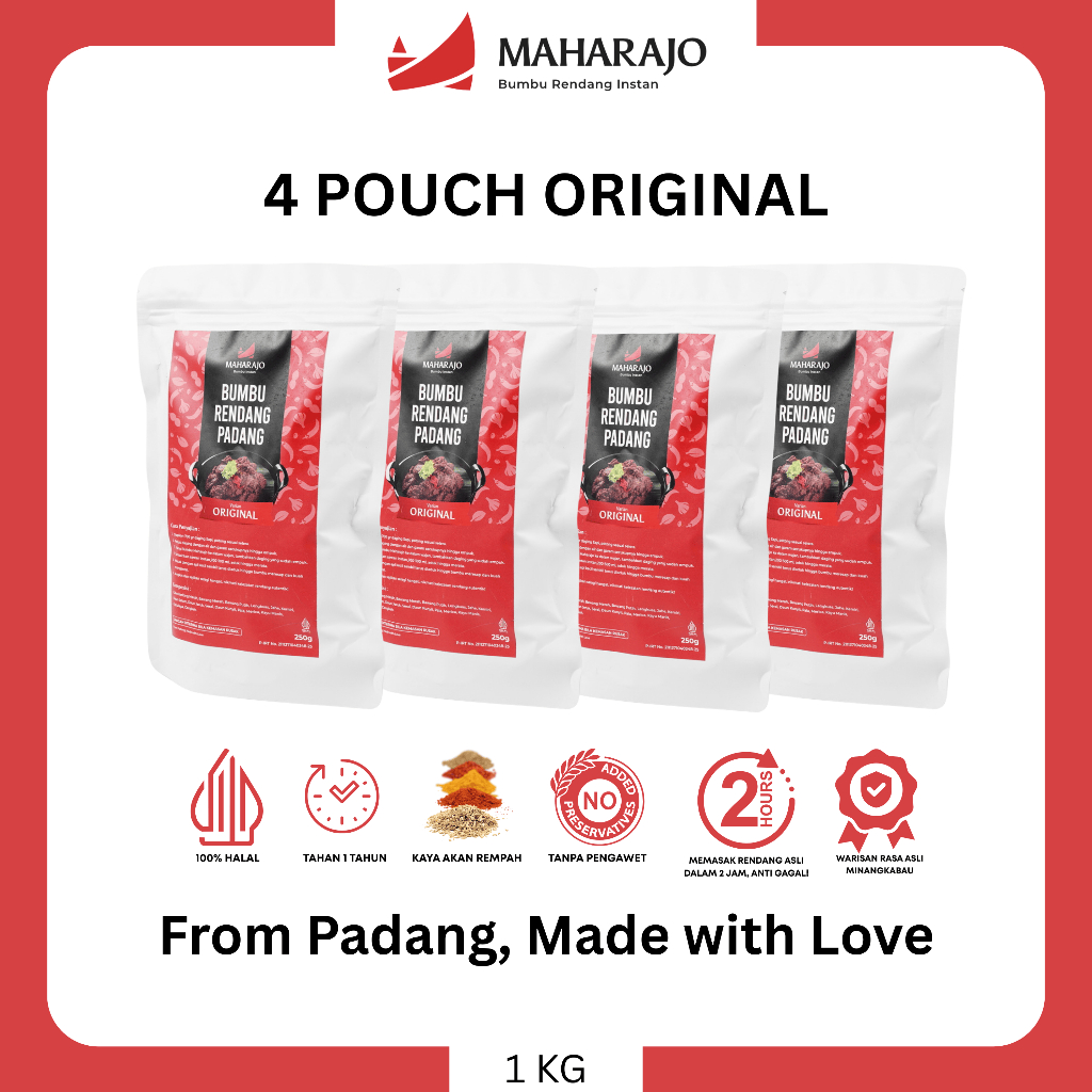 

[4 POUCH Original] Maharajo Bumbu Rendang Instan 1kg – Bumbu Rendang Padang Asli Minang, Praktis, Cepat, Tahan Lama, Pasterisasi, Tanpa Pengawet, No MSG, Halal, Mudah Dimasak, Cocok untuk Daging, Ayam, Rasa Autentik, Premium, Best Seller
