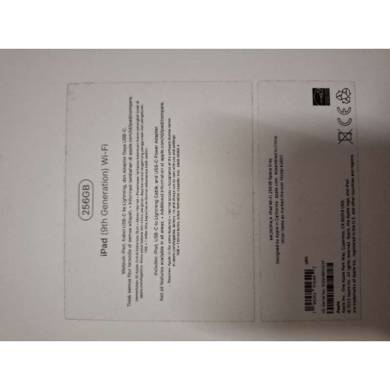 Ipad Apple Gen 9 plus pen apple memory 256GB