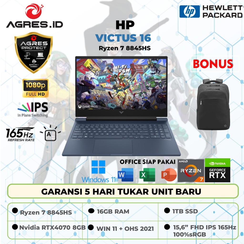 Laptop Gaming HP Victus 16 Ryzen 7 8845HS RTX4070 8GB/ Ram 16GB Ssd 1TB Win 11+OHS 16.1" Fhd 165Hz