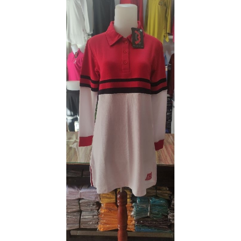 Baju Olah Raga Wanita Lengan Panjang Kombinasi Warna dan Garis Tunik Kombinas Warna Garis Merah - Pu