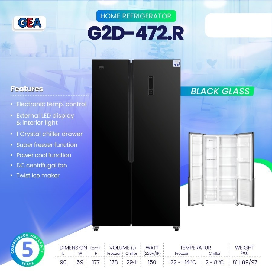 GEA G2D-472.R BLACK GLASS 2 DOOR SBS FRIDGE FREEZER / KULKAS SIDE BY SIDE G2D-472.R BLACK LEMARI ES 