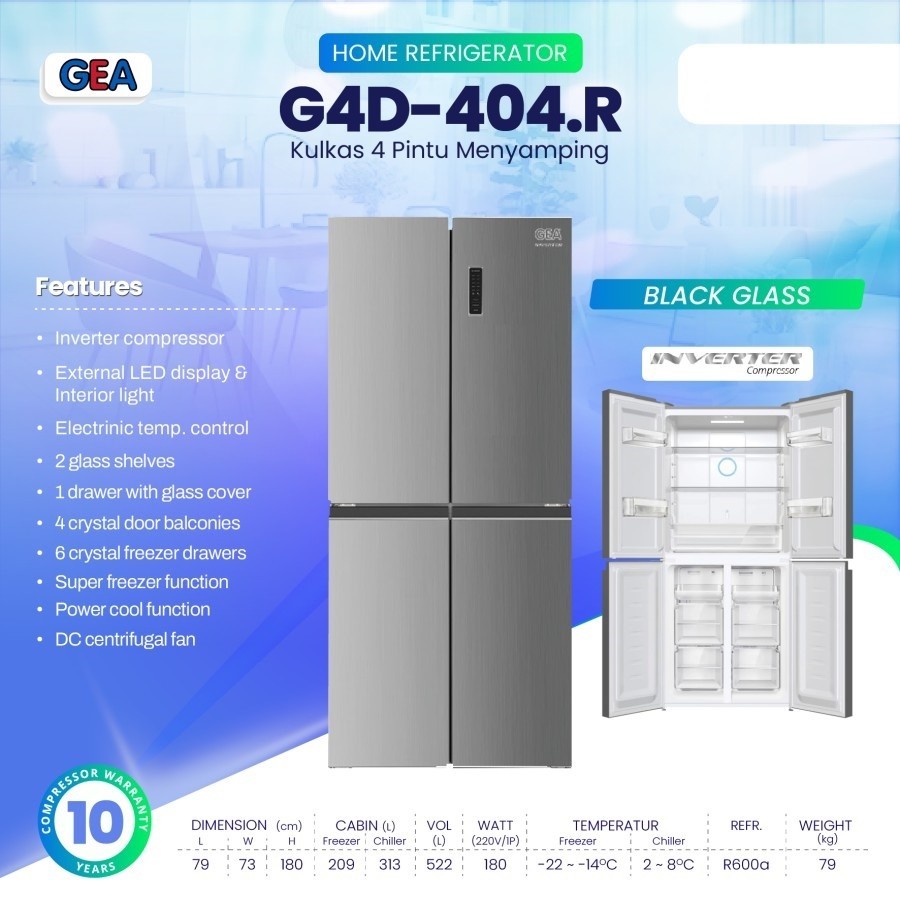 GEA G4D-404.R BLACK GLASS 4 CROSS DOOR FRIDGE FREEZER / Kulkas Side by Side GEA G4D 404.R INOX Inver