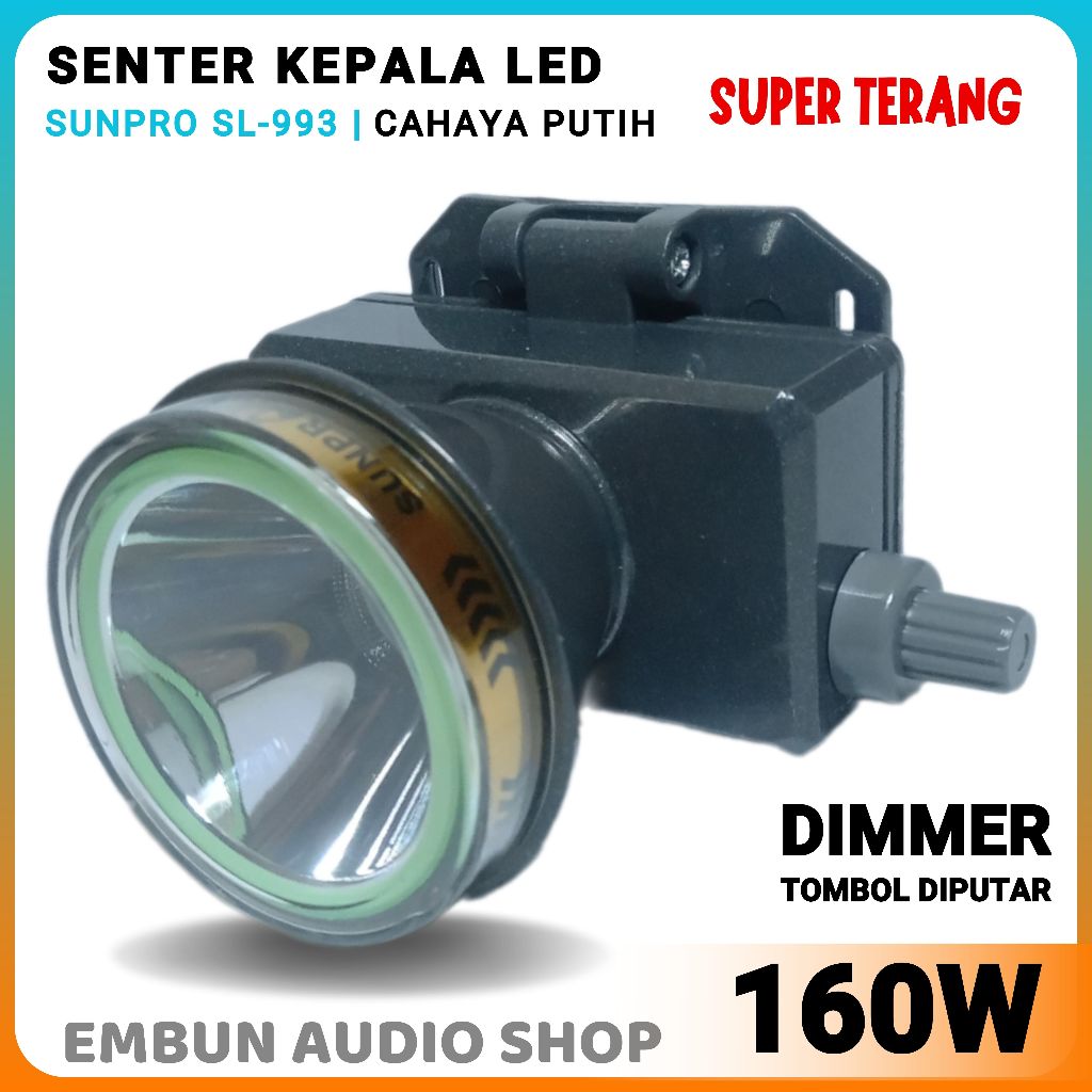 Senter Kepala 160W Cahaya Putih Super Terang LED SUNPRO SL-993 Waterproof Tahan Air | Senter isi Ula